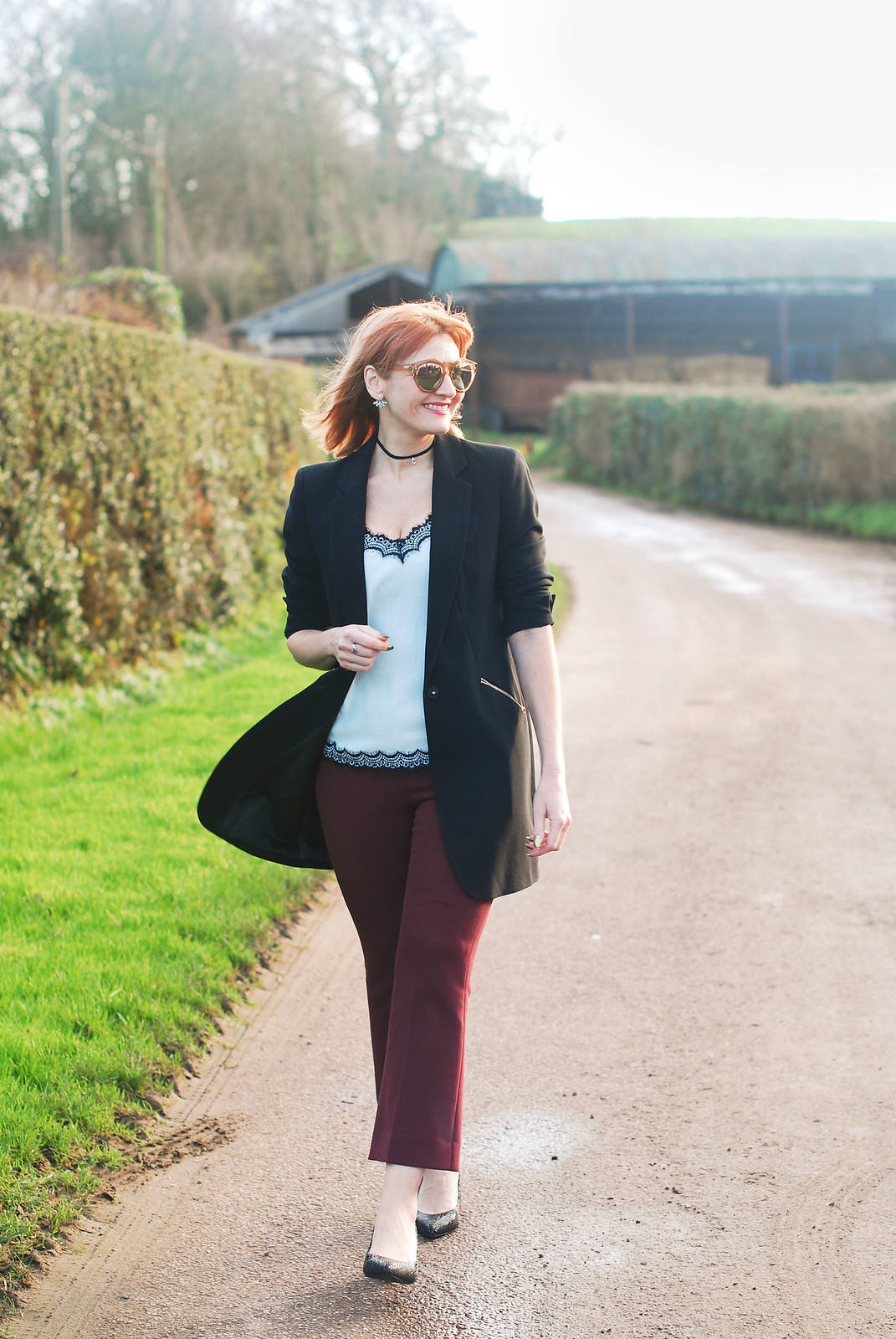 Smart chic look with a blazer and camisole black blazer black and white camisole top burgundy kick flare trousers black block heels | Not Dressed As Lamb, over 40 style