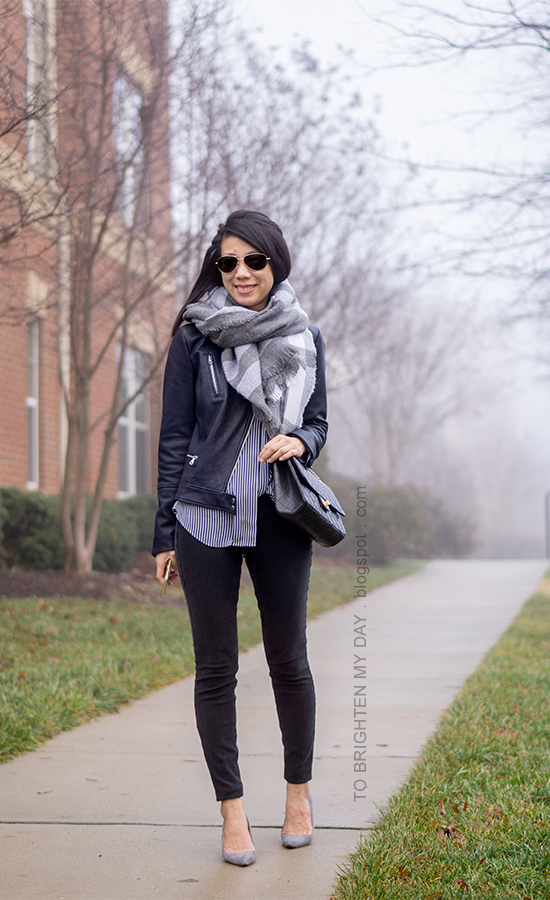 gray plaid blanket scarf, black leather jacket, blue striped button up shirt, black skinny jeans, gray suede pumps