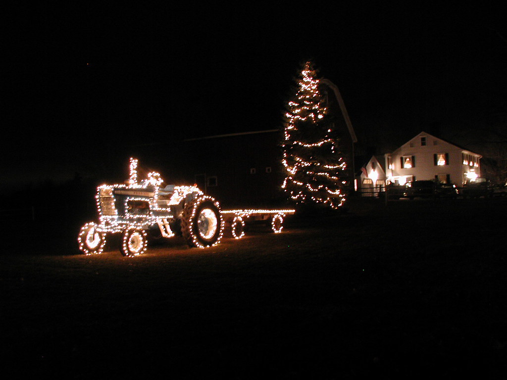 Farm and tractor with Christmas lights