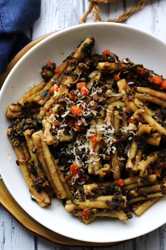 Hearty Pasta with Black Lentil, Carrot, and Chard Ragout