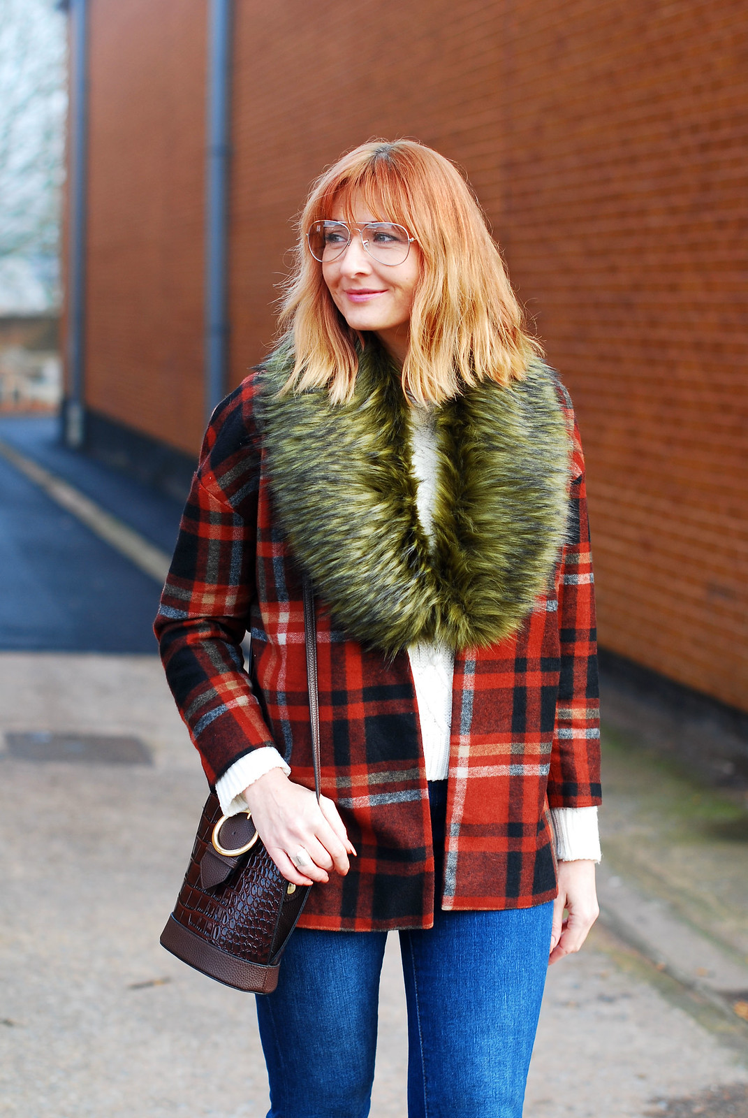 Autumnal casual outfit of faux fur collar red tartan jacket denim flares snakeskin boots | Not Dressed As Lamb, over 40 style