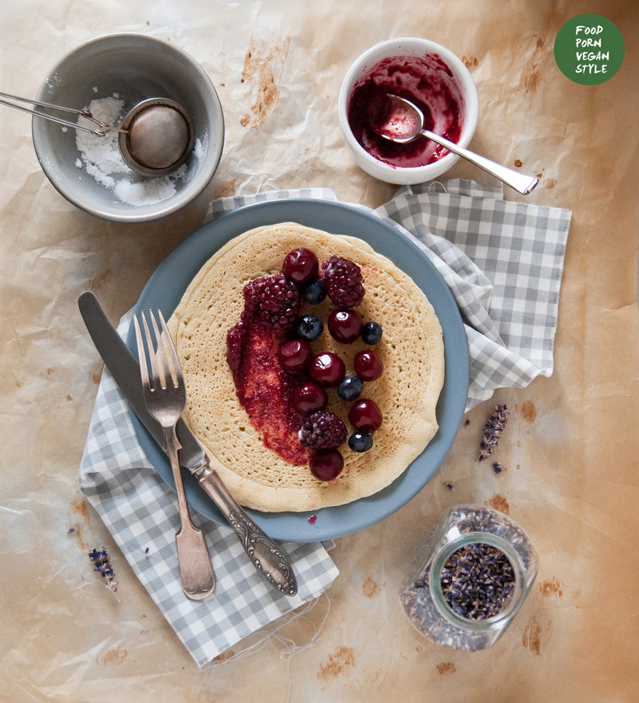 Millet crepes with cherry-lavender marmalade and mixed berries (vegan, gluten-free, refined sugar-free)