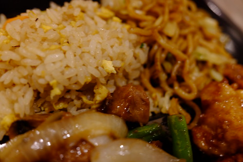 Plate meal orange chicken, shanghai angus steak, fried rice, chow mein, stir-fried noodle