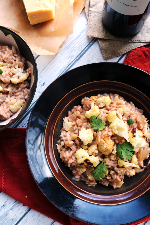 Drunken Red Wine Risotto with Roasted Cauliflower and Goat Cheese
