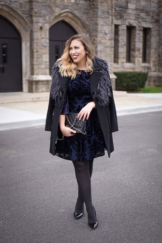 Eliza J Embroidered Poet Sleeve Blue Velvet Dress | Holiday Party Outfit | French Connection Fur Collar Coat