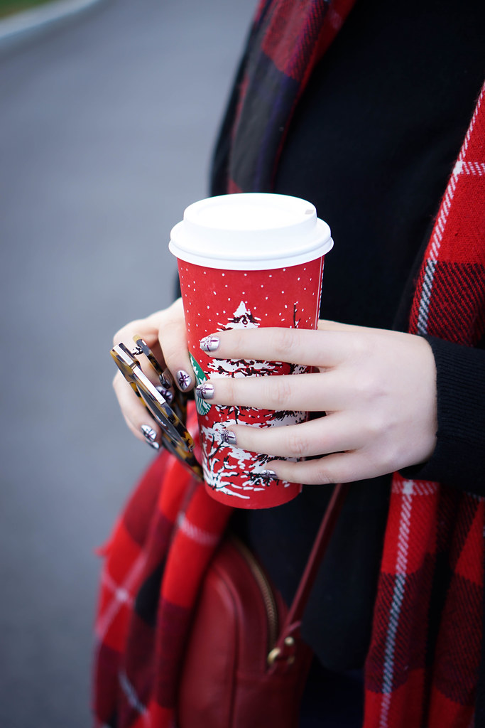 Garnet Hill Oversized Turtleneck Sweater Festive Red Plaid Scarf H&M Distressed Girlfriend Jeans Suede Booties Holiday Red Starbucks Cup