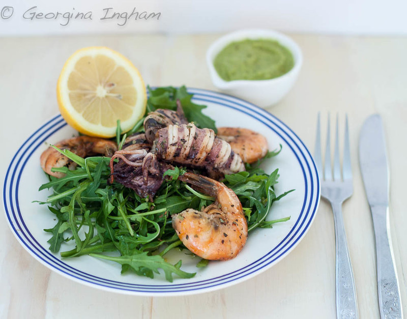 Georgina Ingham | Culinary Travels Photograph: Greek Style Calamari & Prawns with Rocket Salad, Ladolemono and Lemon & Rocket Sauce