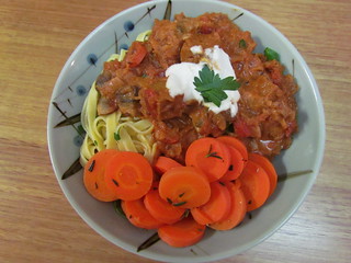 Seitan Goulash with Kraut; Rosemary Carrots; Parsleyed Noodles