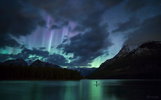 "Night Drift" Yet another amazing night in the mountains, 4th in a row with the aurora. It was amazing to see Sue drift off towards the northern lights! Two Jack Lake, Banff National Park. BALL Watch Company
