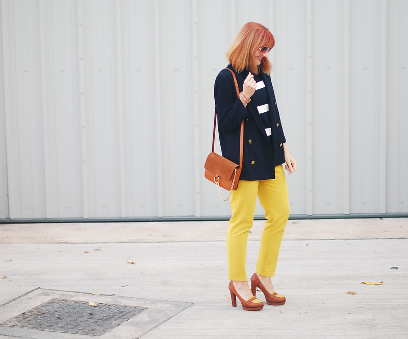 How to wear preppy style in autumn / fall: Navy and white striped sweater, mustard yellow pants, navy blazer, tan accessories | Not Dressed As Lamb, over 40 style