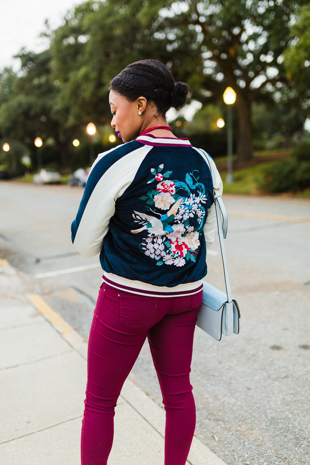 navy embroidered bomber jacket