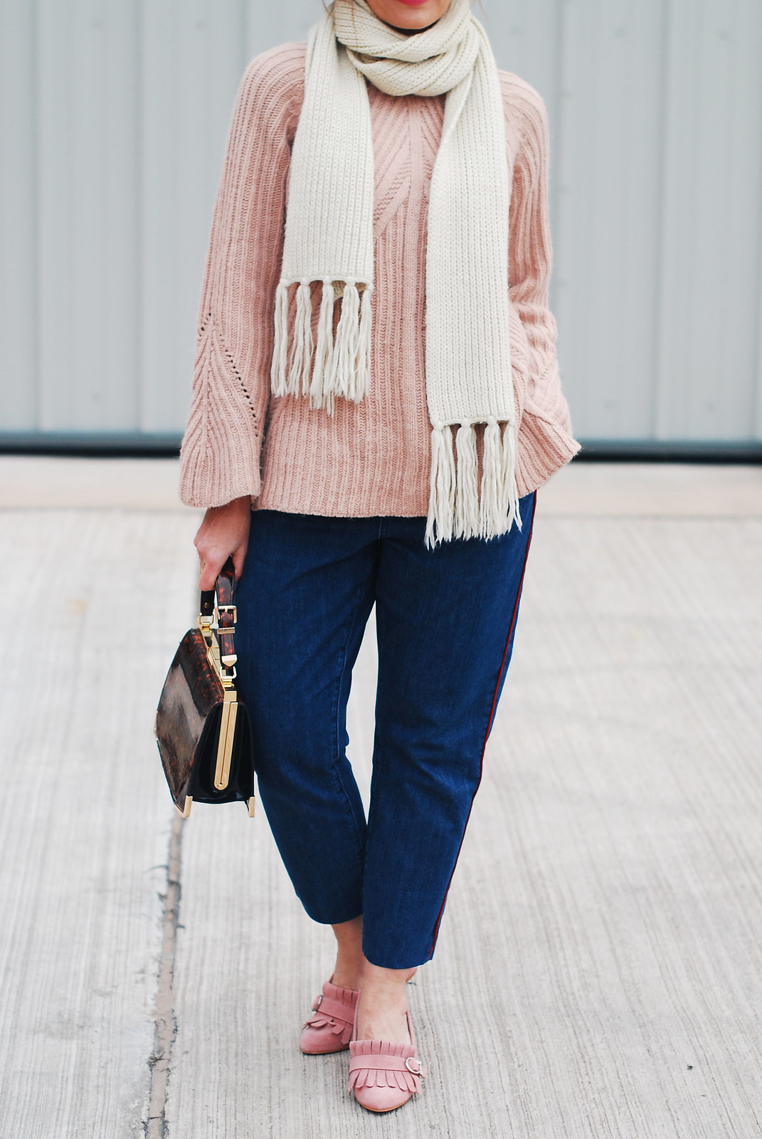 Casual autumn/fall outfit - Blush pink cable knit sweater, peg leg jeans, camel fedora, Gucci-inspired pink fringed block heel loafers, tortoiseshell handbag | Not Dressed As Lamb, over 40 style blog