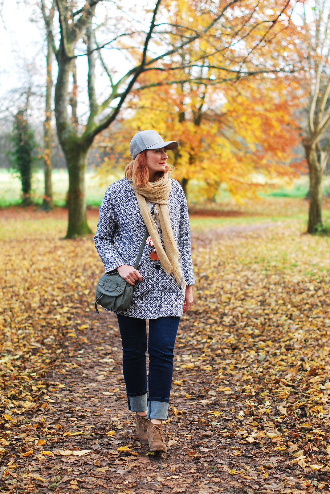 Cold weather walking in the woods walking the dog outfit Tapestry coat, deep hem skinnie jeans, grey cap and wedge desert boots | Not Dressed As Lamb, over 40 style blog