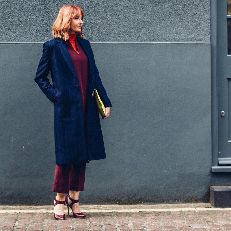 Bold jewel colours Autumn look fall outfit smart winter wear layering Jaeger Longline pinstripe coat, red roll neck, burgundy cocoon dress and cropped flares, yeloo suede clutch | Not Dressed As Lamb, over 40 style