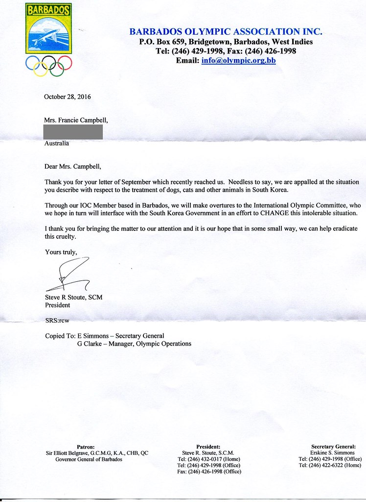 Barbados Olympic Association speaks out against cruelty!  And we sincerely thank them!