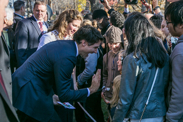Prime Minister Justin Trudeau and his wife Sophie are greeted by well-wishers outside of Rideau Hall following the swearing-in ceremony. November 4, 2015.