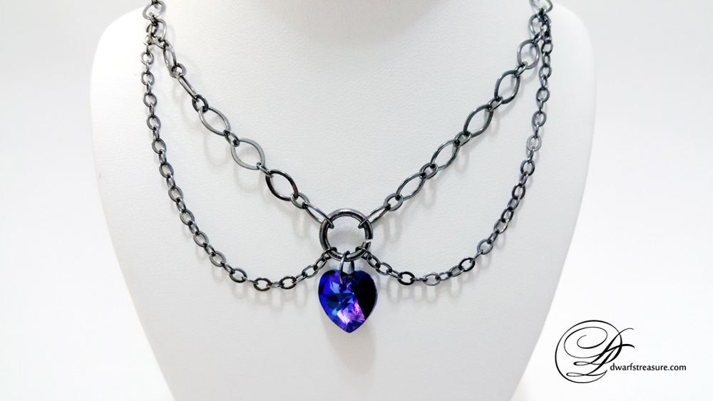 double chain adjustable choker necklace with purple Swarovski crystal pendant