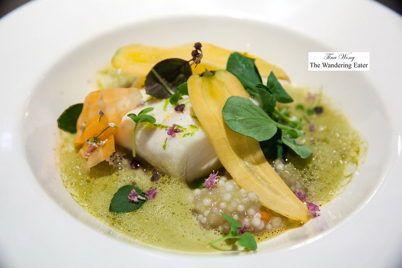 Citrus-steamed Halibut, baby heirloom carrots, tapioca, green curry