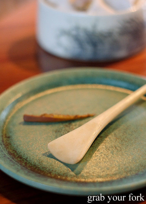 Spoon made from lamb's femur used to serve the saltbush at Restaurant Orana, Adelaide