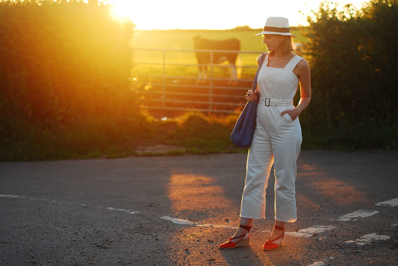 Sleeveless summer overalls: Red, white and blue outfit - red wedge espadrilles, white dungarees and Panama hat, blue slouchy bag | Not Dressed As Lamb