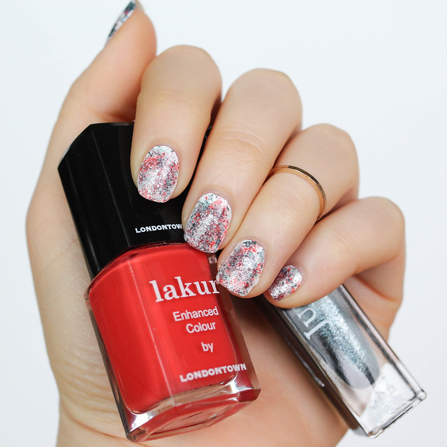 Paint Splatter Manicure | Red and Metallic Gray Nail Art | Mani on Living After Midnite by Jackie Giardina Beauty Blogger