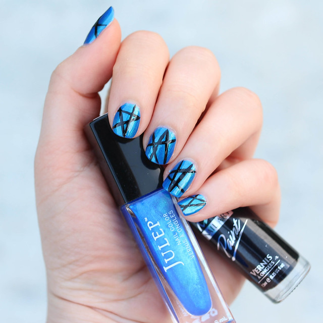 Julep Metallic Blue Manicure with Black Striped Nail Art | Living After MIdnite by Jackie Giardina Beauty Blogger