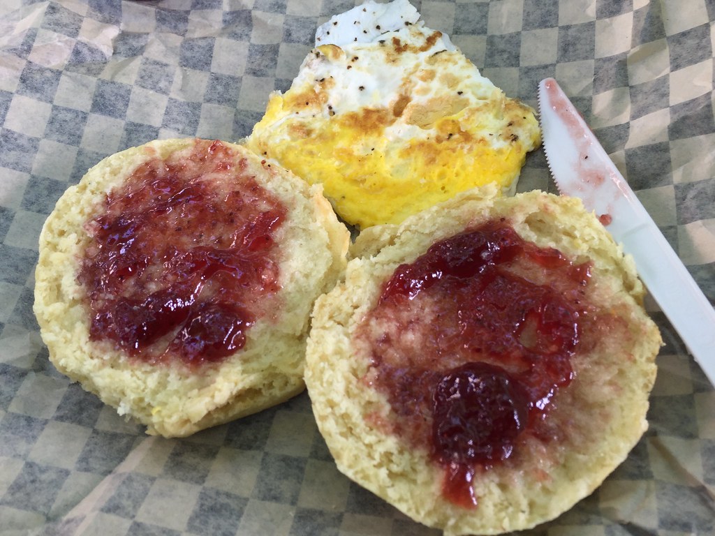 Pine State biscuit fried egg strawberry jam