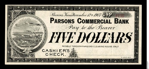 1907 Panic Scrip Parson, KS Parsons Commercial Bank Cashier's Check $5