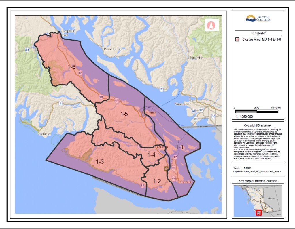 Map of angling closure for southern Vancouver Island