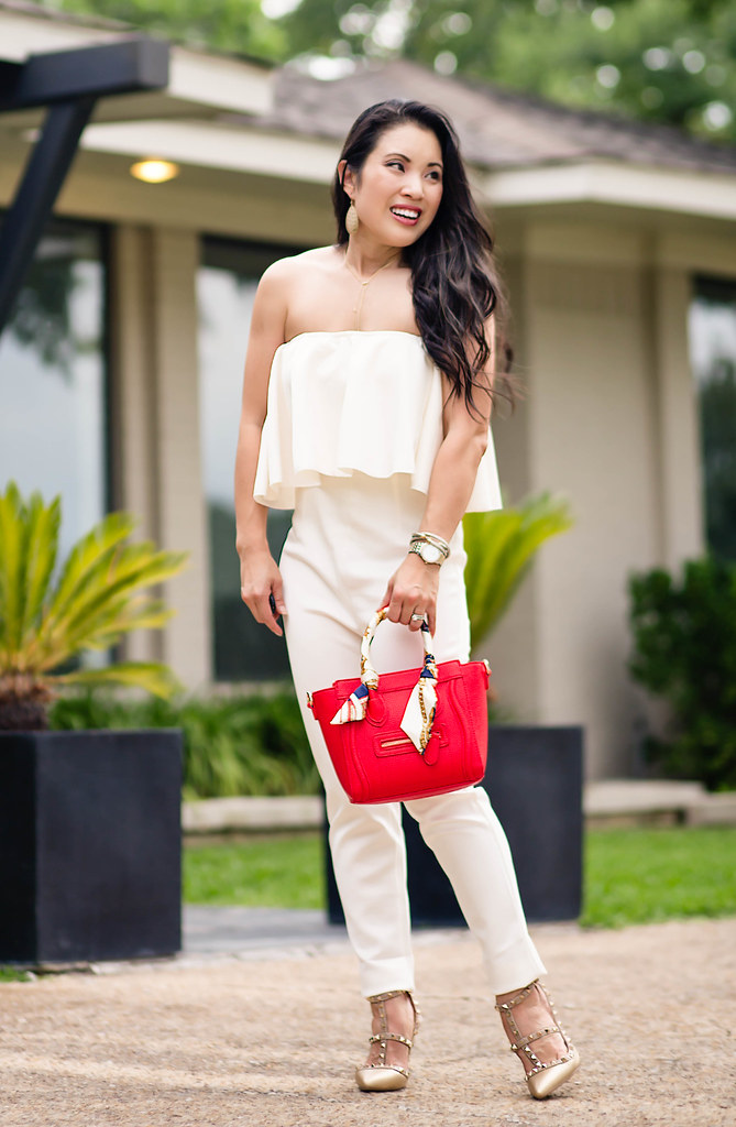 white off-shoulder ruffle jumpsuit, red celine nano bag | summer outfit