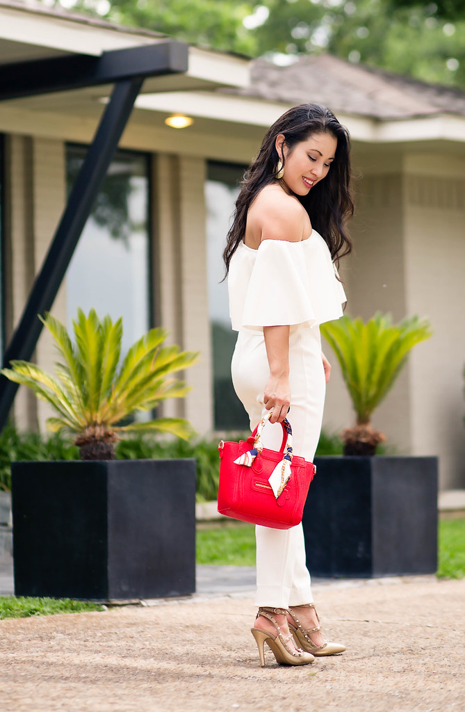 white off-shoulder ruffle jumpsuit, red celine nano bag | summer outfit