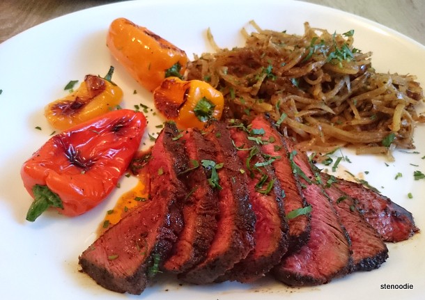 Espresso Rubbed Steak with Crispy Shredded Potatoes and Baby Bell Peppers