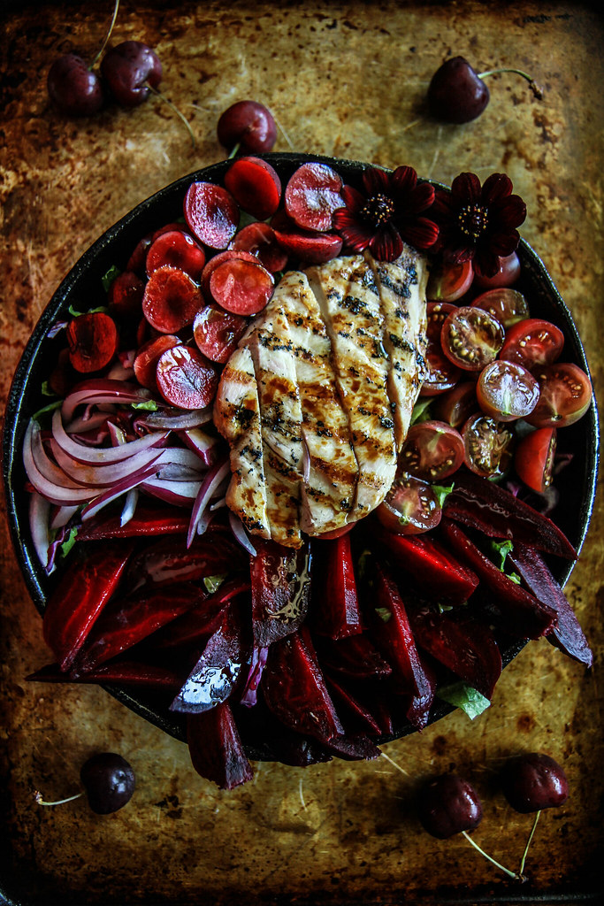 Grilled Chicken, Beet and Cherry Salad with honey balsamic dressing from HeatherChristo.com
