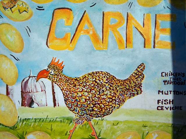 A chicken for dinner sign in Agra, India