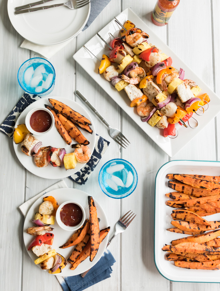 Grilled Mixed Seafood Kabobs with Old Bay Sweet Potato Wedge Fries #Ad WorldMarketTribe www.pineappleandcoconut.com