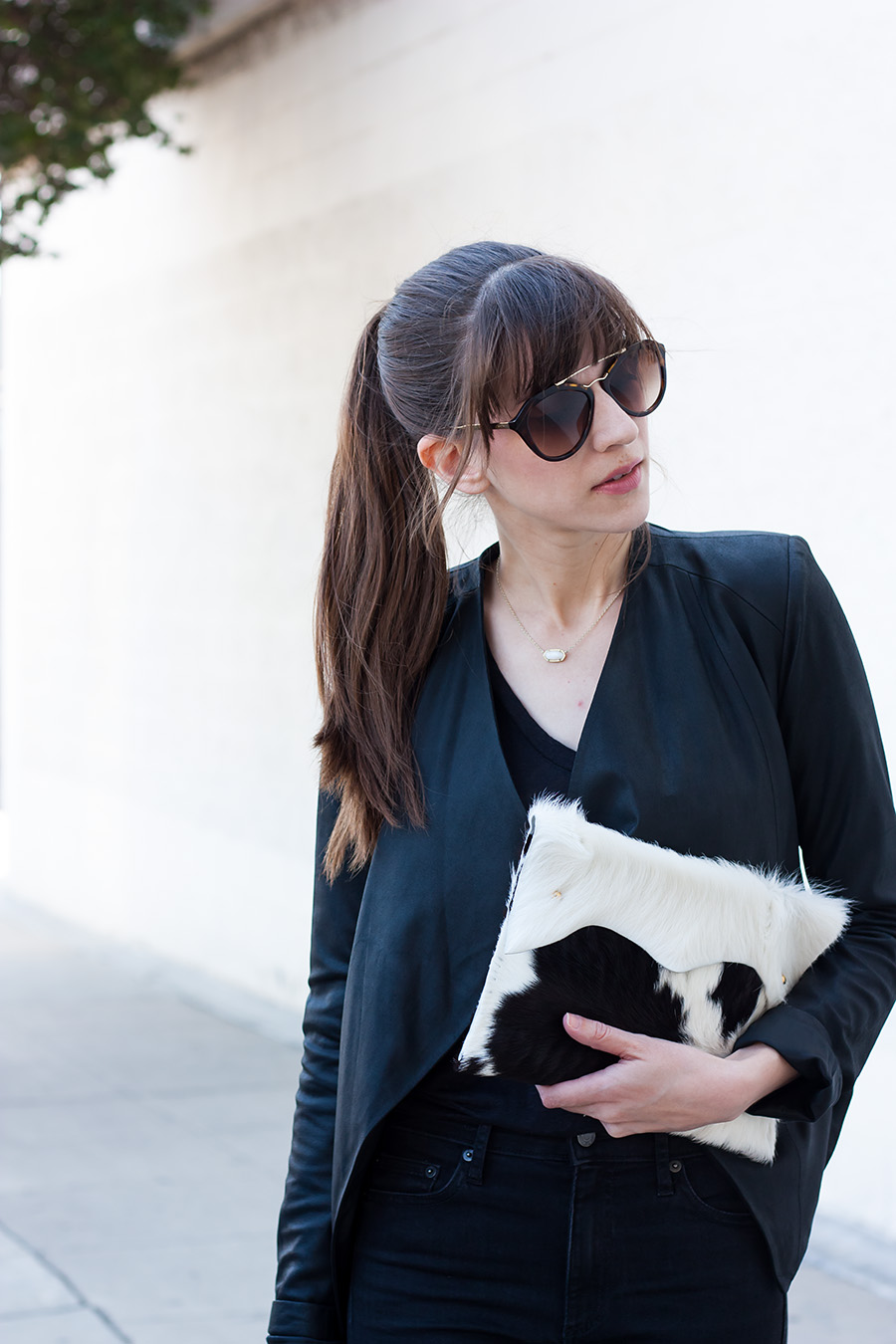 Black and White Cowhide Clutch, All Black Outfit, Black and White Outfit