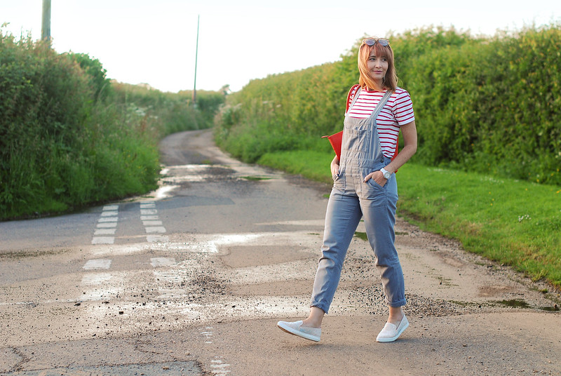 Casual spring summer look: Red Breton stripe t-shirt, grey dungarees, sparkly slip ons, orange tote | Not Dressed As Lamb