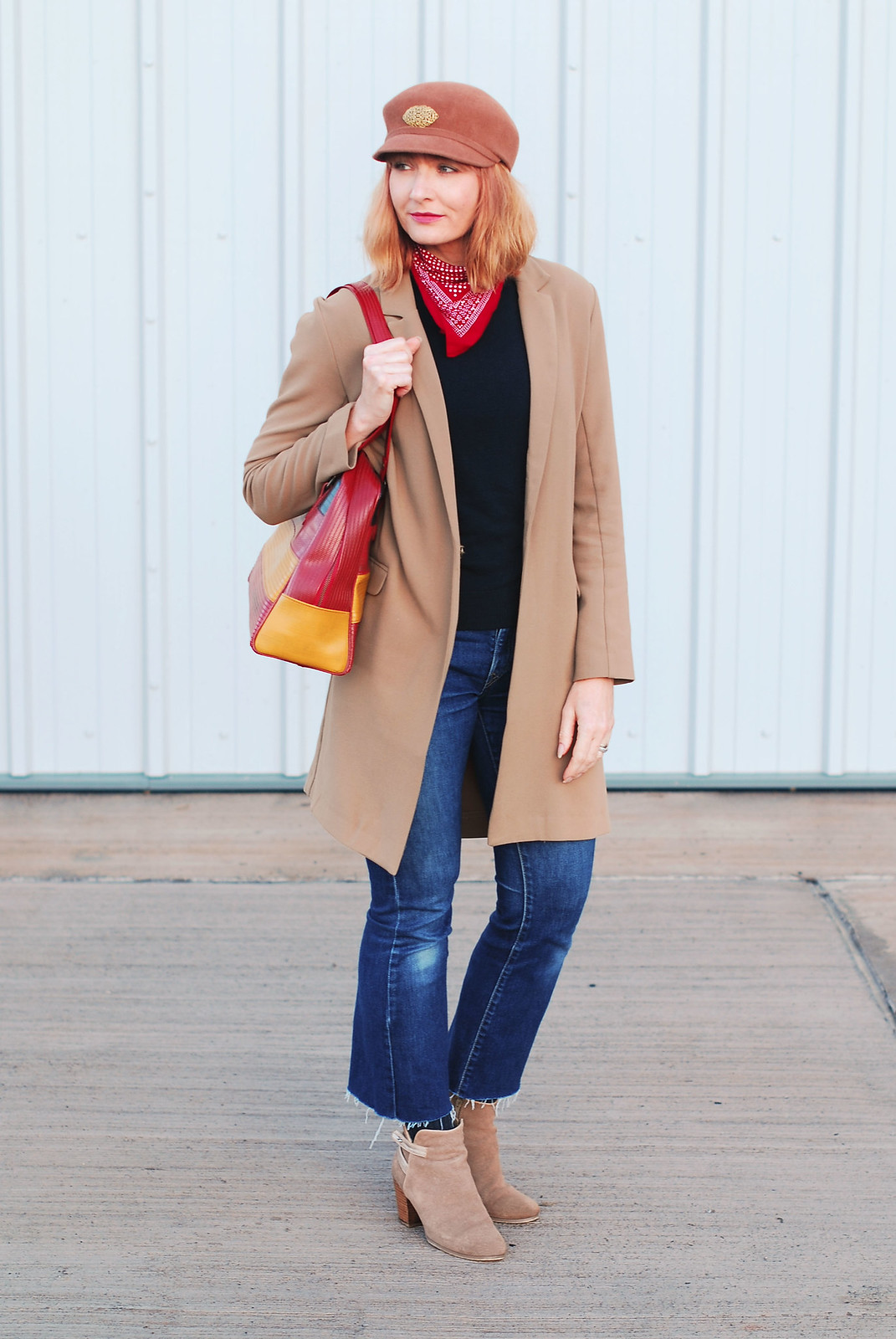 How to style a longline camel blazer for autumn/fall: Cropped flared jeans, suede ankle boots, vintage baker boy hat and neck scarf | Not Dressed As Lamb, over 40 style