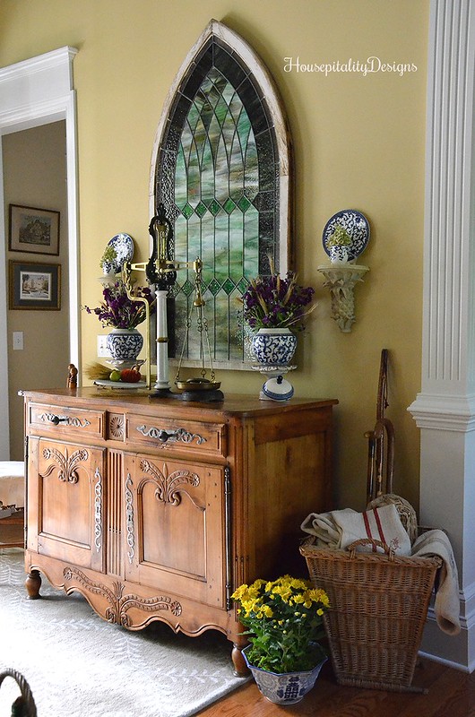 Fall Foyer - Antique French Buffet - Antique Stained Glass - Fall Decor - Housepitality Designs