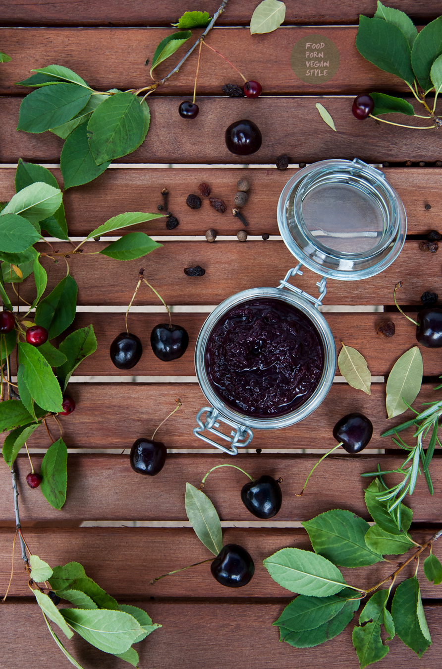 Spicy sweet cherry chutney with black pepper and rosemary