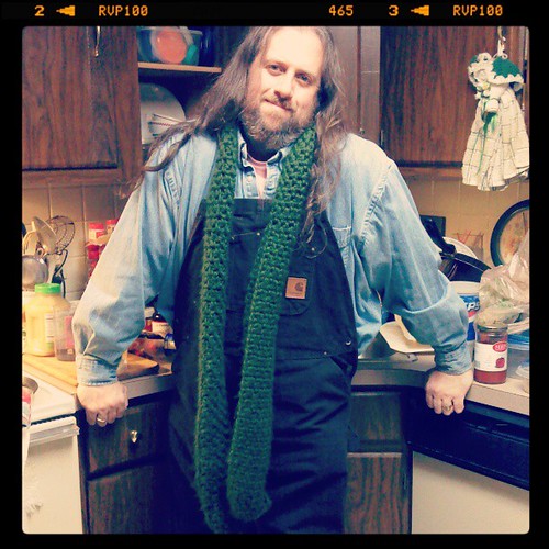 Kitchen self #overalls #denim #Carhartt #scarf