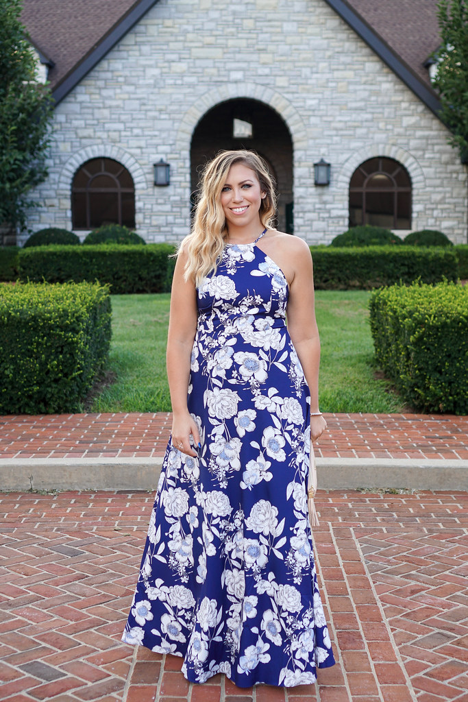 Blue Floral Maxi Dress designed by Keeneland Lexington worn by Kentucky Living After Midnite Blogger Jackie Giardina