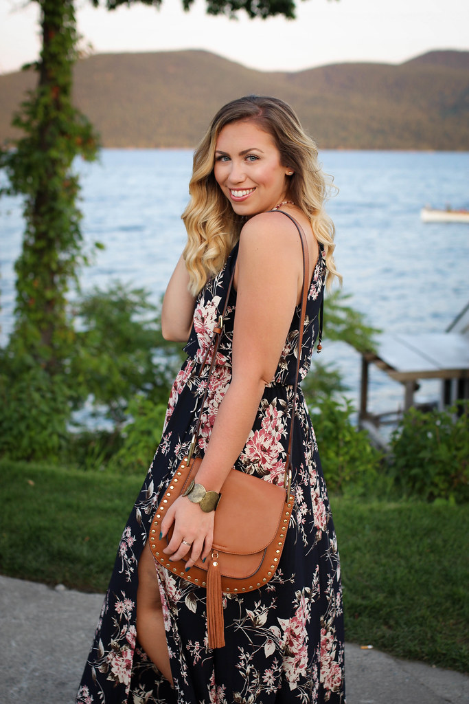 Dark Navy Floral Maxi Dress Brown Lace Up Sandals Late Summer Outfit Lake George New York Sagamore Resort Bolton Landing Living After Midnite Jackie Giardina
