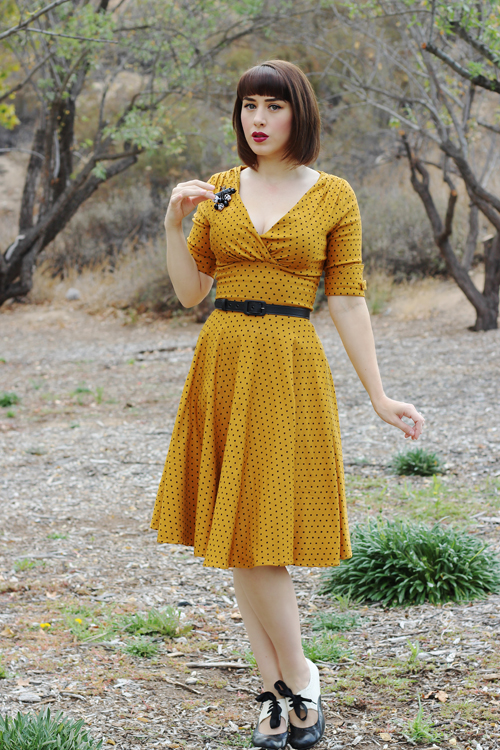 Unique Vintage 1950s Style Mustard & Black Dot Delores Swing Dress