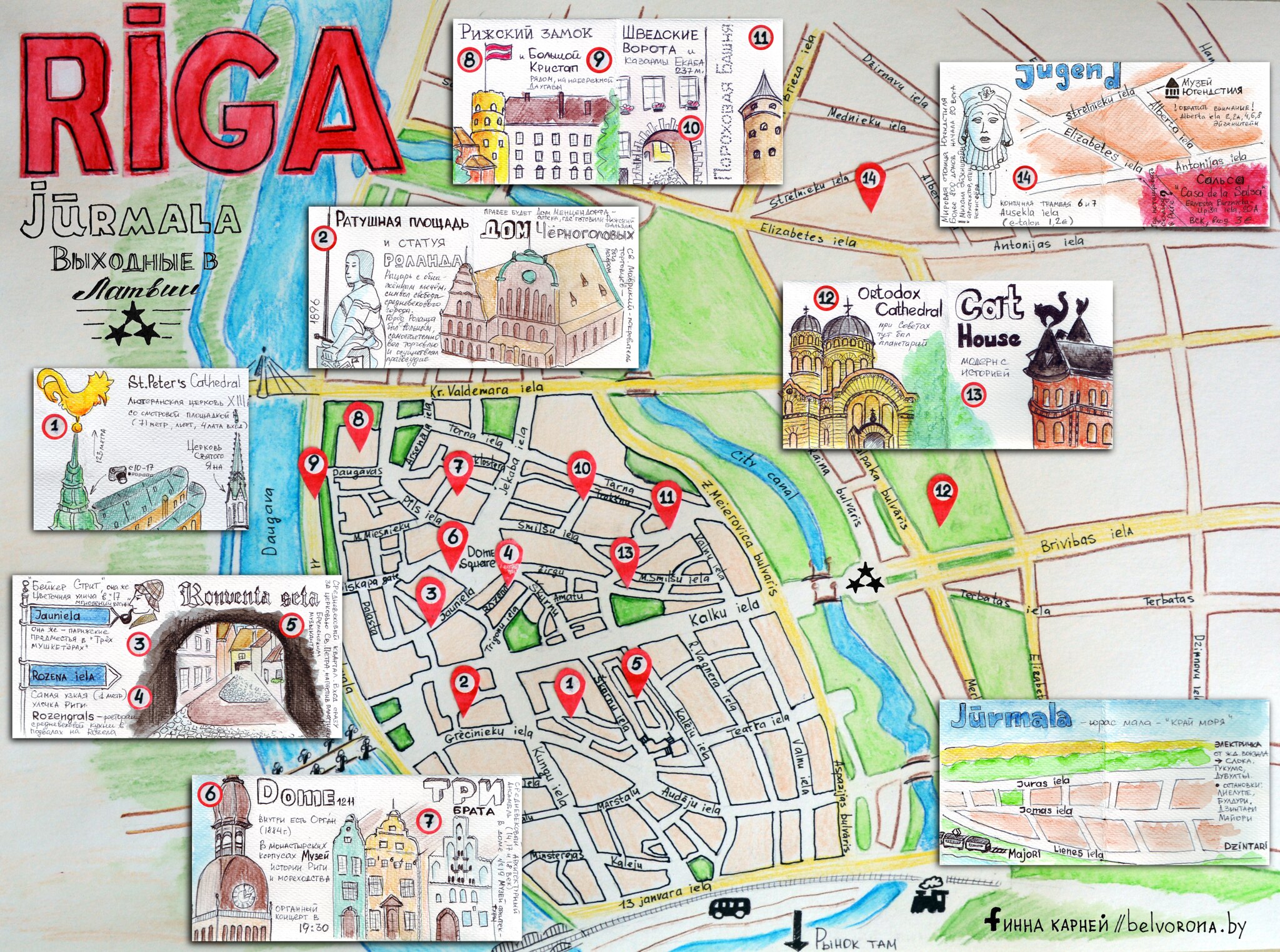 Рисованная карта Риги для пеших прогулок