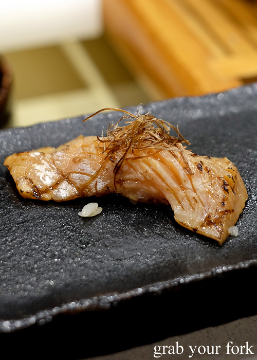 Salmon zuke seared salmon nigiri sushi with crispy leeks at Hana Ju-Rin in Crows Nest Sydney