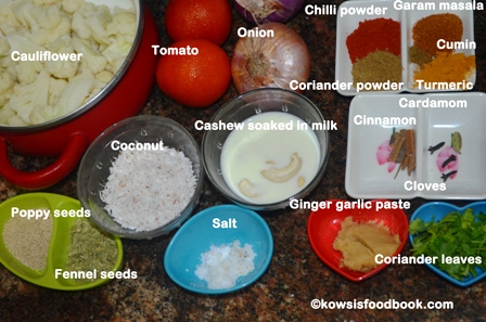 Ingredients for cauliflower kurma