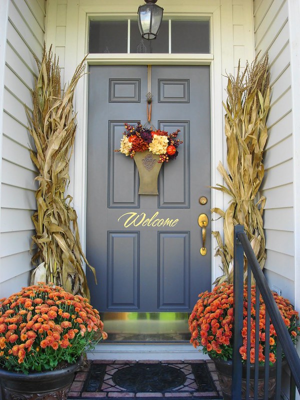 Fall Front Door Decorations Orange Flowers Corn Stalks