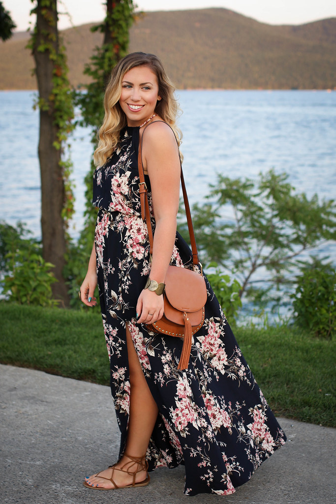Dark Navy Floral Maxi Dress Brown Lace Up Sandals Late Summer Outfit Lake George New York Sagamore Resort Bolton Landing Living After Midnite Jackie Giardina